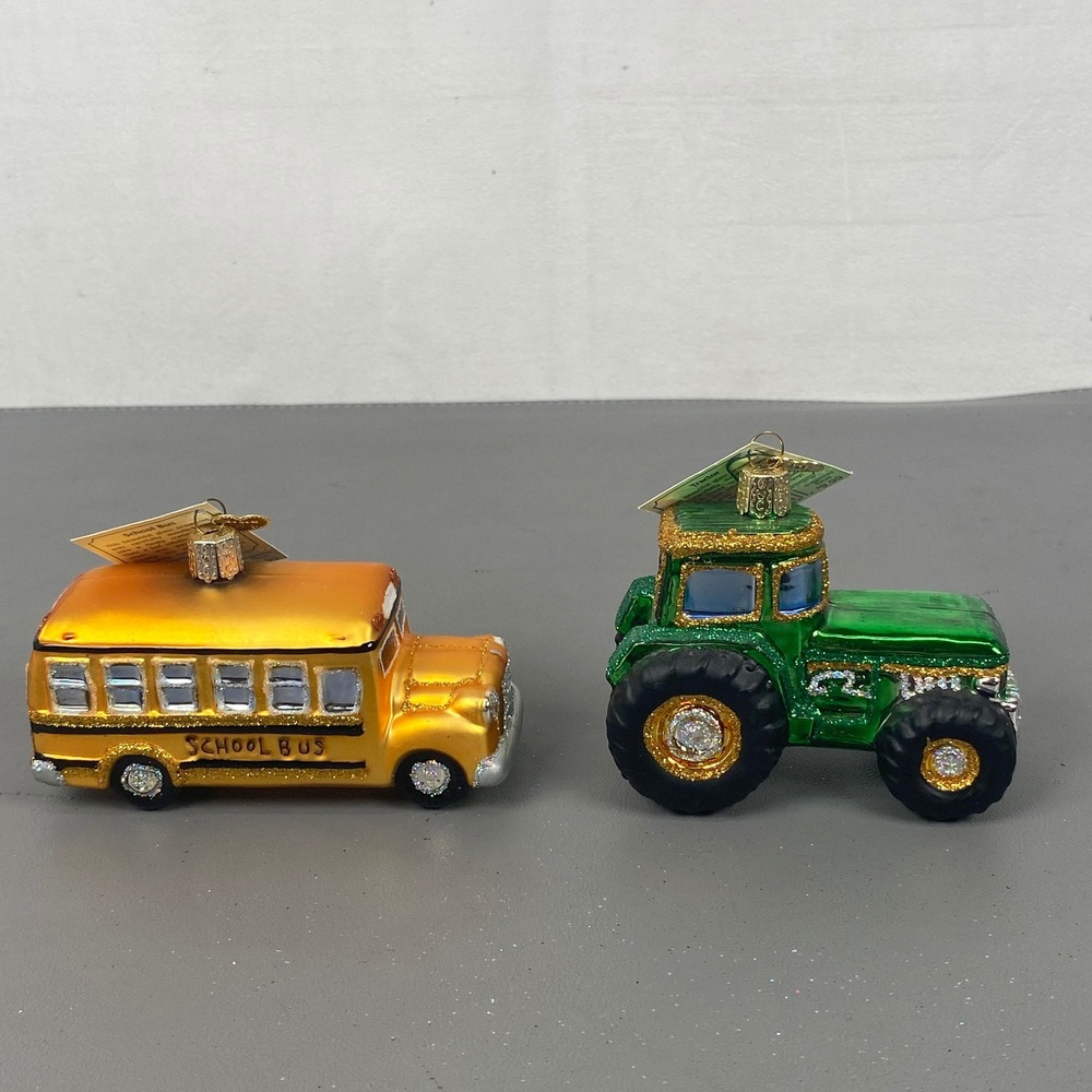 Old World Christmas Glass Ornaments School Bus and Green Tractor Set of 2 NWT